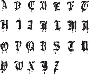 Alphabet abc font for Halloween blood gothic scary grunge horror dripping liquid hand drawn vintage letters 
