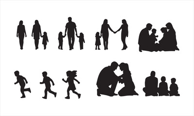 Happy Family Silhouette Vector, Parents and Children Silhouette