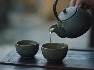 A person pours green tea from an iron teapot into two stone cups on a dark brown wooden table, leaving copy space for text. This is a banner background with an empty place for design, in the tradition