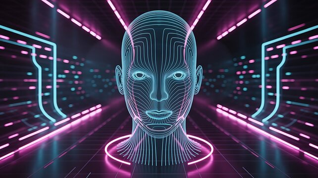 Futuristic neon wireframe human head in digital tunnel