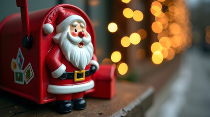 Obraz premium Santa Claus figure stands next to a mailbox with Christmas lights in the background. Holiday decoration.