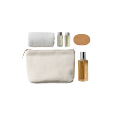 Flat Lay of Travel-Sized Toiletries and Accessories in Beige Cosmetic Bag