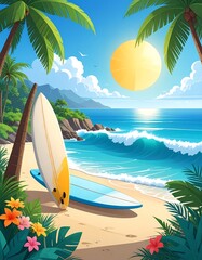 Tropical beach scene with surfboards