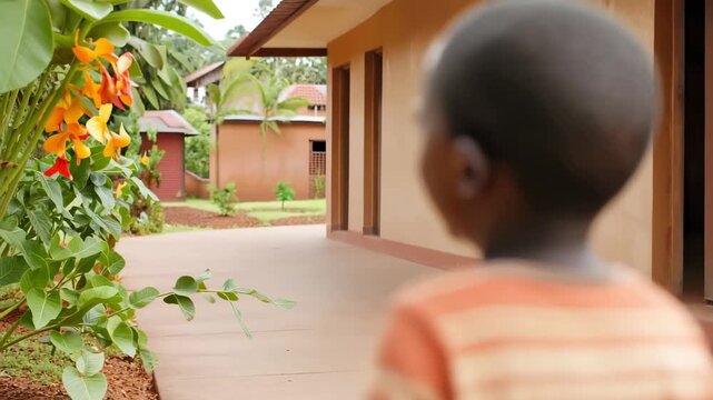 Close-up of happy african child smiling brightly, showcasing joy and innocence in a rural village environment