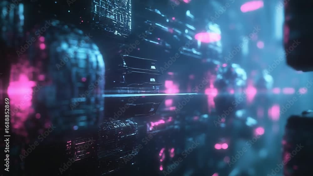 Poster futuristic server room processing data with sphere and light beams