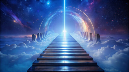 A surreal bridge made of glowing piano keys leading into starry sky  