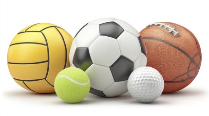 Various sports balls arranged in a group.