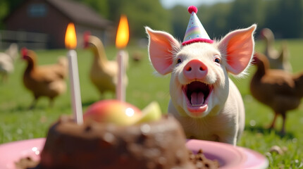 A happy piglet wearing a party hat celebrates a birthday with cake and candles. 