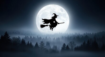 Silhouetted witch flying across a full moon above dark, misty forest on a spooky Halloween night