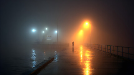 Ghostly figure standing at the end of a foggy pier at night