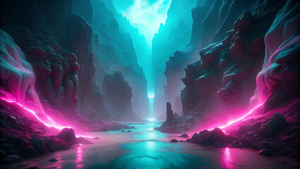 A surreal canyon glowing neon pink and cyan fog with surreal beauty  