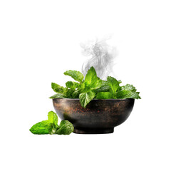 Fresh Mint Leaves with Milk Splash in Rustic Bowl