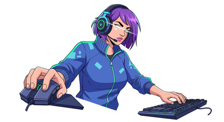 Focused female gamer with purple hair, headphones, mouse, and keyboard. © Leo