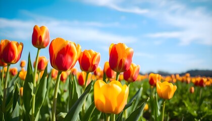 Brightly colored tulips growing together in a large open field under a clear blue sky, showing vibrant flowers and natural seasonal springtime environment