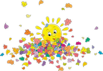 Cute yellow sun friendly smiling and playing with colorful autumn leaves falling and whirling around, vector cartoon illustration isolated on a white background