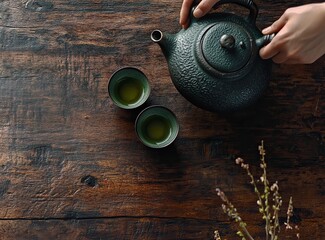 A person pours green tea from an iron teapot into two stone cups on a dark brown wooden table, leaving copy space for text. This is a banner background with an empty place for design, in the tradition