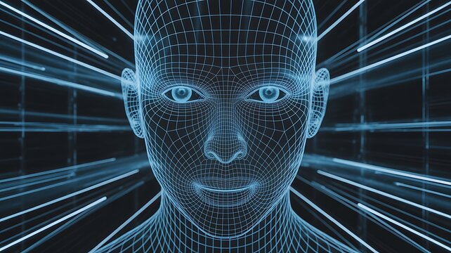 Cyan Holographic Head Overlaid on Metal Workshop with Sensor Grid and ...