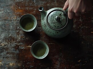 A person pours green tea from an iron teapot into two stone cups on a dark brown wooden table, leaving copy space for text. This is a banner background with an empty place for design, in the tradition