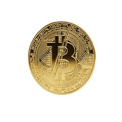 Close up of a golden bitcoin coin isolated on transparent background