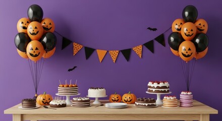 Festive Halloween party scene with spooky jack-o'-lantern balloons, delicious cakes, and decorations