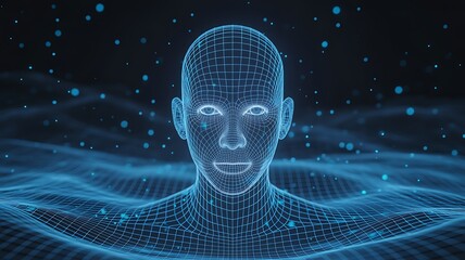 Futuristic blue wireframe human head and shoulders with digital particles