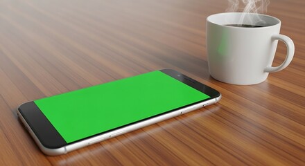 Smartphone Green Screen Mockup with Steaming Coffee Cup on Wooden Table