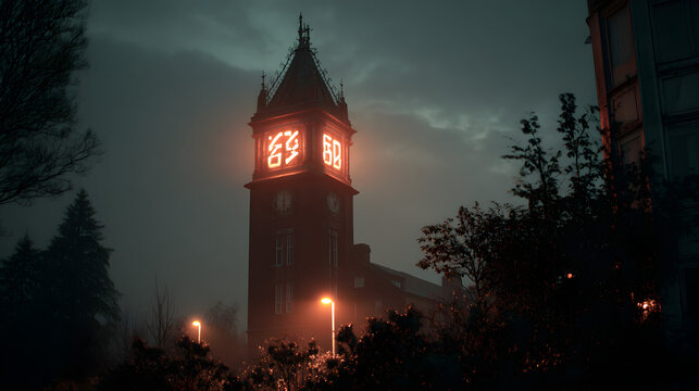 Haunted clock tower with glowing numbers counting down to midnight - Powered by Adobe