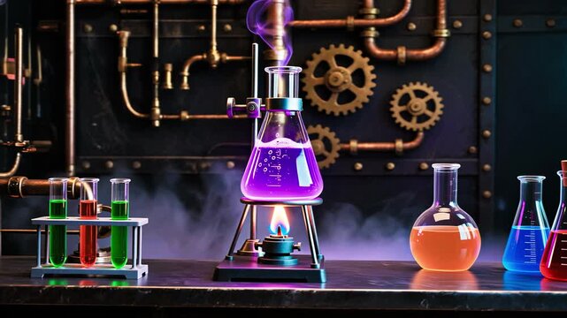 Steampunk Halloween Lab Scene with Glowing Chemistry Setup