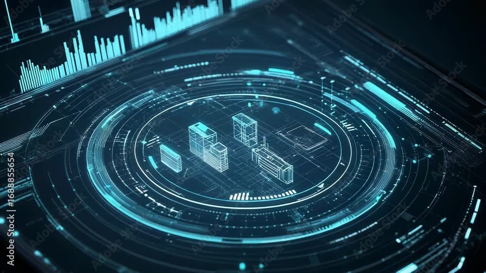 Poster futuristic hud displaying data center infrastructure with charts and graphs