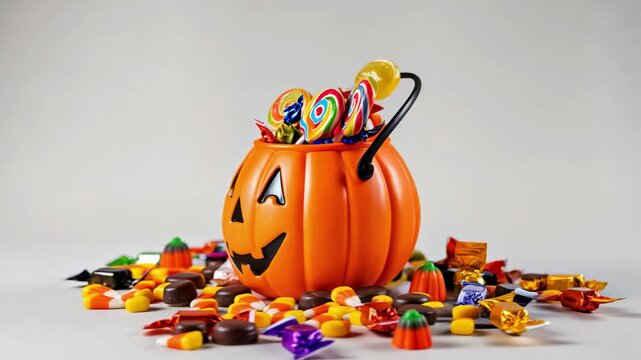 Bright Flat Lay of Pumpkin Bucket Surrounded by Festive Candy