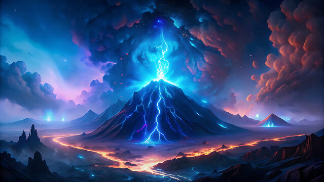 A surreal volcano erupting not with lava but with glowing liquid gold cosmic fantasy - Powered by Adobe