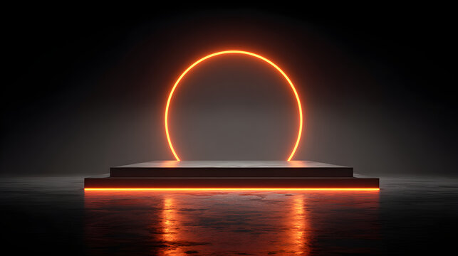 Jet black stage with glowing orange sphere casting neon reflections, 3D minimal style