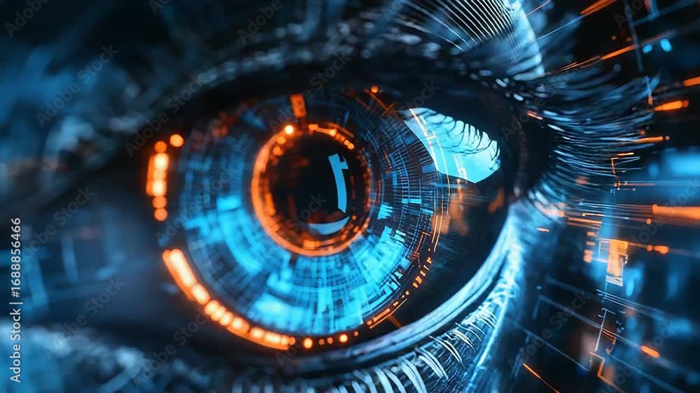 Poster futuristic digital eye watching data streams flowing through cyberspace