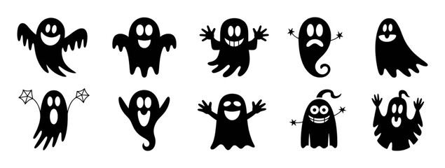 A Collection of Spooky and Playful Black Ghost Illustrations for Halloween