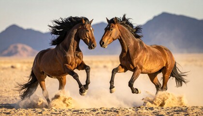 Three horses in desert landscape with two rearing in confrontation, dust swirling, mountains in background, and warm light from low sun.