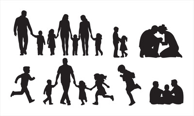Happy Family Silhouette Vector, Parents and Children Silhouette