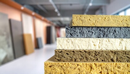 Stacked construction material samples with varied textures and colors, displayed in showroom setting.