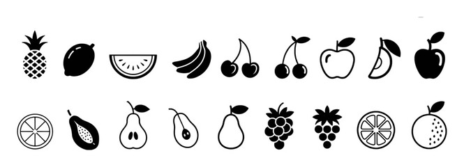 Collection of Black and White Fruit Icons: Pineapple, Lemon, Watermelon, Bananas, Cherries, Apples, Pears, Grapes, Oranges
