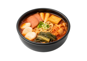 A hearty bowl of vibrant, spicy ramen, featuring noodles, kimchi, ham, tofu, and a variety of flavorful ingredients.