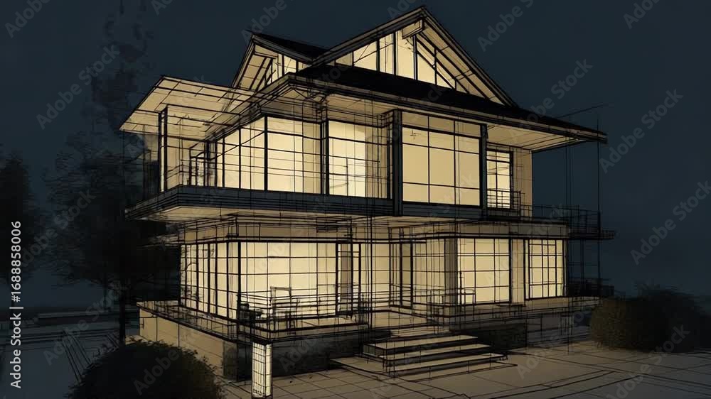 Poster modern house wireframe rendering showing architectural project
