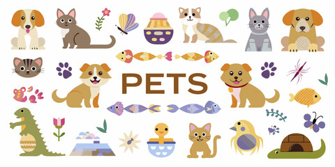 Collection of cute cartoon pets and animals with decorative elements