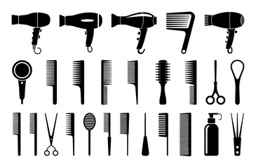 Collection of Black Silhouettes of Hair Styling Tools and Appliances