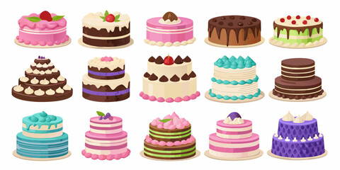A collection of deliciously decorated layer cakes and tiered desserts in various colors and flavors