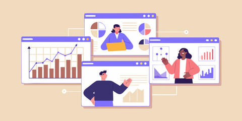 Diverse team collaborating on data analysis and business growth presentations online