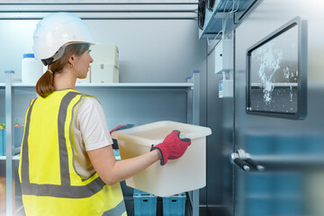Woman inside industrial refrigerator. Storekeeper with box. Freezer in supermarket warehouse. Woman storekeeper at work. Door at warehouse refrigerator with shelves for box. Freezer in supermarket.