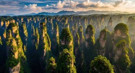 Towering Limestone Pillars In China Bathed In Golden Sunlight