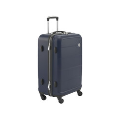 Dark blue suitcase with wheels and handle isolated on transparent background