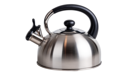 A sleek, stainless steel kettle with a black handle and spout, perfect for boiling water for tea or cooking. Its shiny surface reflects light, adding elegance to any kitchen setup.