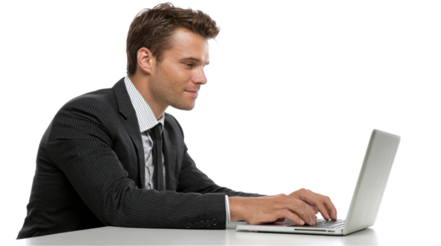 A professional male in business attire is focused on his laptop, showcasing dedication and modern work culture in a corporate environment with a clean and sleek design.