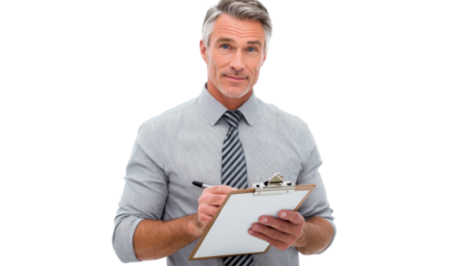 A confident businessman standing with a clipboard, ready to take notes. His professional demeanor reflects strong leadership and effective communication skills for his team.